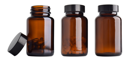 Bottle containing vitamin pills, food supplements isolated on a white background.