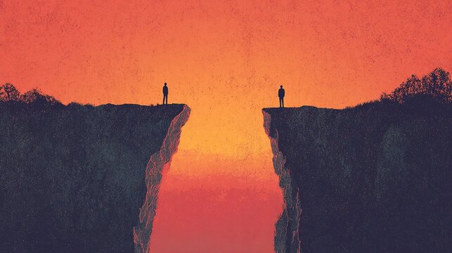 Two individuals separated by a deep chasm at sunset, communication gap