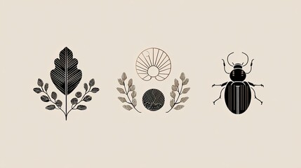 Decorative botanical leaf, beetle, and sun symbol art vector set design