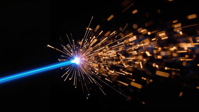 A spark explosion with bright light and streaks of sparks flying outward in darkness.