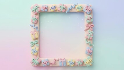Clay-style pastel gift square frame with ribbons on dreamy background