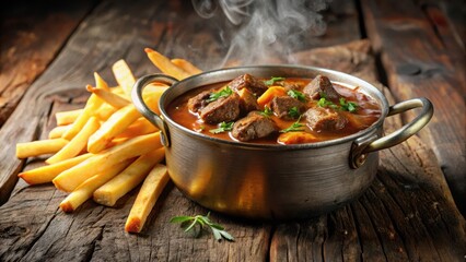 Cozy Belgian beef stew in a rustic vintage pot with steaming hot golden French fries on the side, french fries