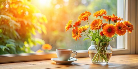 Bright orange flowers in a glass vase on a sunny windowsill with a coffee cup, set against a warm and inviting background, creating a cozy atmosphere , floral arrangement, coffee cup