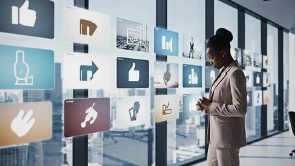 Woman in beige suit interacts with futuristic digital interface displaying various icons and data panels against a city skyline backdrop - Powered by Adobe