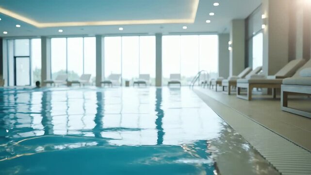 Serene Indoor Swimming Pool at a Luxury Hotel Spa with Lounge Chairs and Natural Light