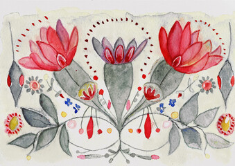 Hand Painted Folk Floral Watercolor Pattern, Decorative Botanical Ornament Illustration