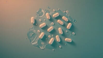 White pills scattered on a surface with water drops, creating an abstract scene.