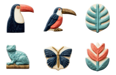 Obraz premium Colorful Isolated Tropical Icons of Parrots, Toucans, Frogs, and Rainforest Flora