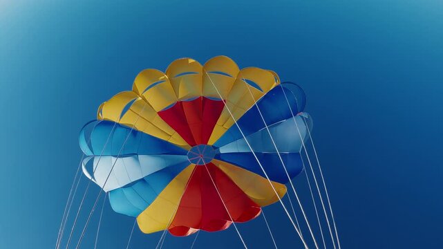 Colorful Parasail Canopy Against Clear Sky, Vibrant Red Yellow Blue Panels Fanning Outward With Suspension Lines Streaming Downward, Sunlit Gradient Background Evoking Summer Coastal