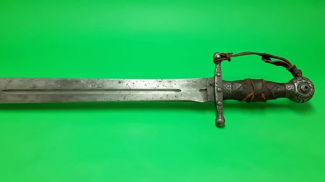 An ancient medieval broadsword with a weathered blade and decorative hilt on a green screen