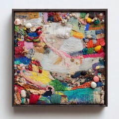 The image is a close-up of a mixed-media artwork, square in shape and framed.