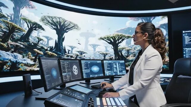 Woman Scientist Monitoring Advanced Technology Systems on Alien Planet with Futuristic Display Screens and Exotic Flora in Control Room