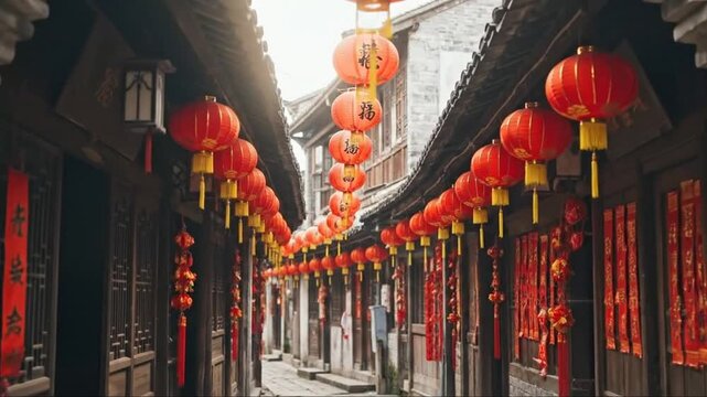 Traditional Chinese street decorated with vibrant red lanterns during festival time