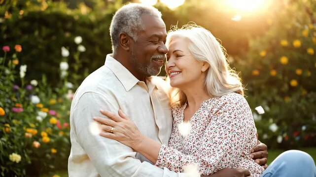 An affectionate senior interracial couple shares a romantic moment embracing in a sunlit garden, representing love and companionship in retirement.