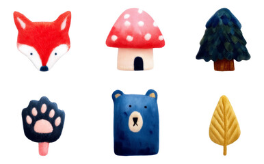 Fototapeta premium Playful Miniature Forest Creature Fabric Set Featuring Fox and Bear Designs
