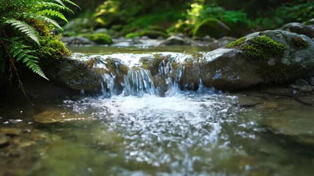 Idyllic scene of a small woodland waterfall cascading into a clear stream surrounded by lush greenery