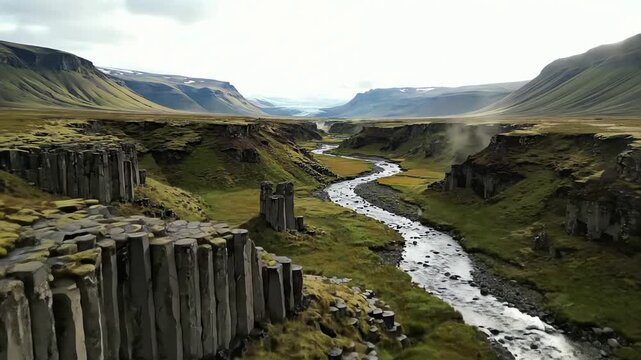 Breathtaking aerial flight over a river in a majestic Icelandic canyon with iconic basalt columns and a distant glacier.