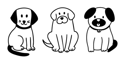 Hand drawn dogs set in cute outline doodle style. Vector collection of puppy illustrations. 