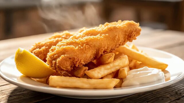 Delicious plate of traditional British fish and chips steaming hot on a rustic wooden table.