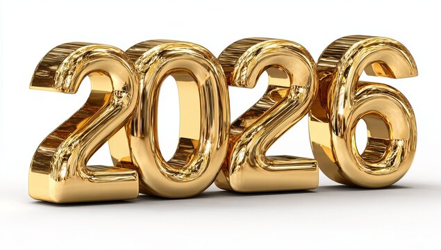 Golden 3d numbers 2026 on white background year new year
