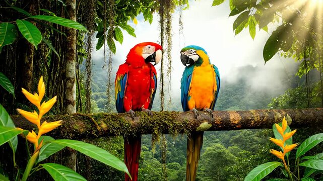 A Pair of Exotic Macaws Sitting on a Mossy Branch in the Amazon Rainforest