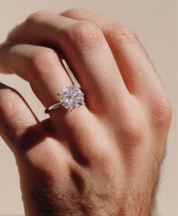 Close-up of a male hand wearing a sparkling engagement ring, symbolizing LGBTQ+ love, equality, and modern romance, captured in warm minimalist light