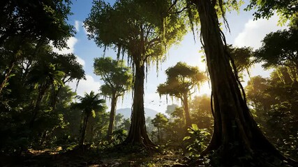 A breathtaking journey through a lush tropical jungle with golden sunlight filtering through the dense canopy. - Powered by Adobe