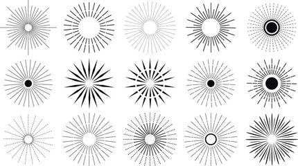 A striking grid of sunburst designs showcases a variety of line styles and central shapes, all set against a white background