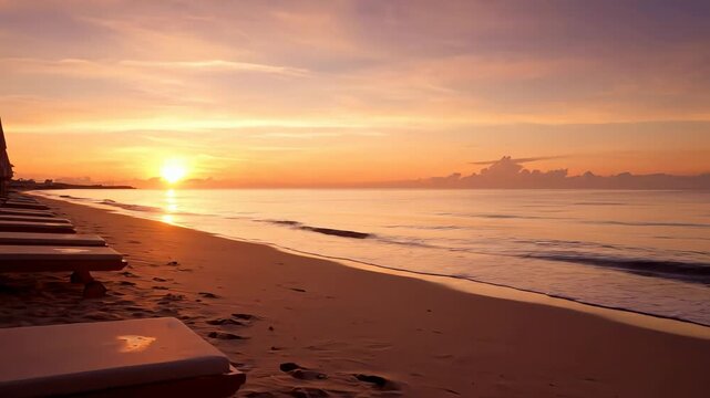A tranquil sunrise over a tropical beach with empty lounge chairs lining the shore