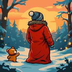 Fototapeta premium Person in Red Winter Coat Standing in Snowy Forest at Sunset with Teddy Bear, Cozy Holiday Illustration 