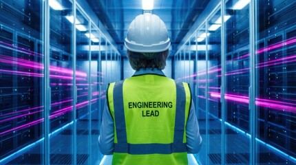 Engineering lead wearing safety gear stands in a futuristic blue data center hallway with bright magenta light trails symbolizing high speed data transfer and technological connectivity