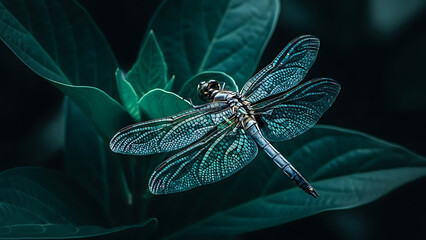 Stunning macro view of a metallic blue dragonfly resting on a dark green leaf. Sharp details, transparent wings, and dramatic lighting create an elegant nature image with a modern, premium aesthetic.