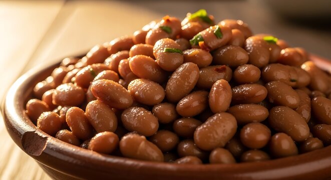 Close-up of a bowl filled with cooked pinto beans, delicious and healthy.