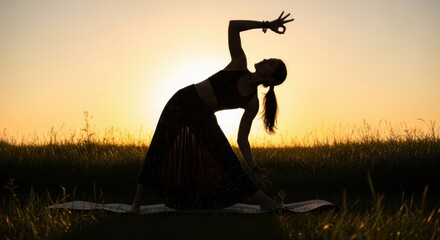 Peaceful silhouette of a woman in extended triangle yoga pose practicing mindful outdoor meditation against a vibrant golden hour sunset sky