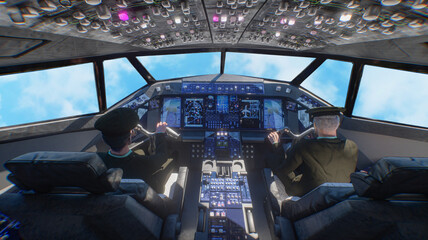 Two pilots operating modern commercial aircraft from cockpit with clear blue sky view 3d render