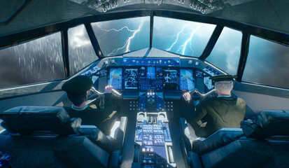 Pilots flying through severe thunderstorm with lightning viewed from modern aircraft cockpit  3d render