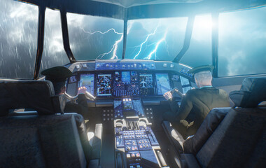 Pilots flying through severe thunderstorm with lightning viewed from modern aircraft cockpit  3d render