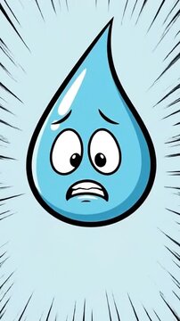 Sad Blue Cartoon Teardrop Character Crying Face with Worried Emotion and Comic Speed Lines Background Illustration representing Sorrow and Grief