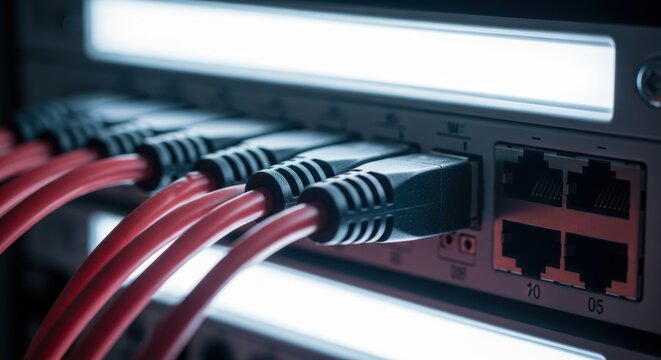 Detailed view of red patch cords connecting into a glowing data center server port symbolizing high speed internet communication and technology infrastructure - Powered by Adobe