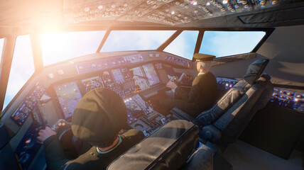 Two pilots operating modern commercial aircraft from cockpit with clear blue sky view 3d render