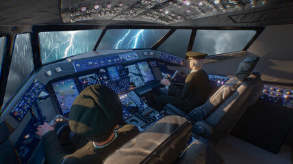 Pilots flying through severe thunderstorm with lightning viewed from modern aircraft cockpit  3d render