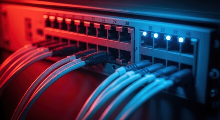 Server room technology showing network cables plugged into a switch illuminated by dramatic blue and red cyber lighting for secure digital operations