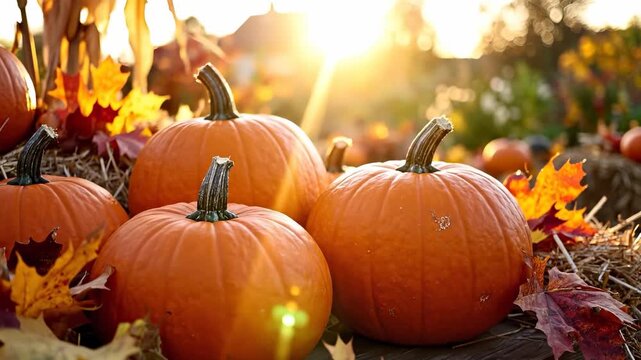 Bright orange pumpkins rest on straw among colorful autumn leaves as the sun sets. These pumpkins nestled among the leaves create a warm, inviting autumn scene at sunset.