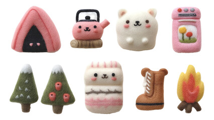 Cute Camping Essentials in Soft Felt Plush Style with Isolated Transparent Background