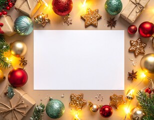 Merry Christmas greeting template with festive holiday atmosphere. Features elegant Christmas decorations, seasonal elements, and warm winter colors. Suitable for greeting cards, posters, banners, soc