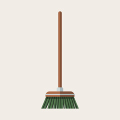 A broom with a brown handle and green bristles stands upright.