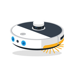 A round robot vacuum cleaner with brushes and sensors is depicted.