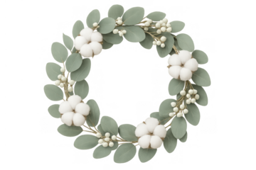 Cotton and eucalyptus wreath displaying a rustic winter holiday decoration with white berries, transparent background