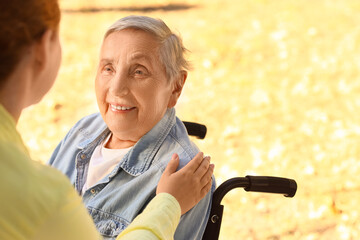 Obraz premium Senior woman in wheelchair with caregiver outdoors, closeup