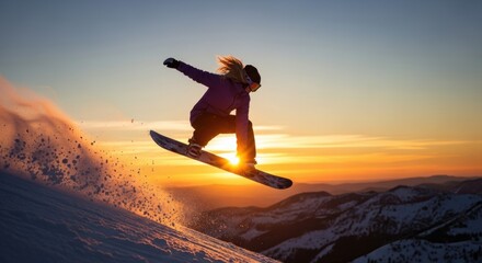 Female snowboarder jumping high during an epic sunset session with golden light splashing across the mountains and fresh snow
